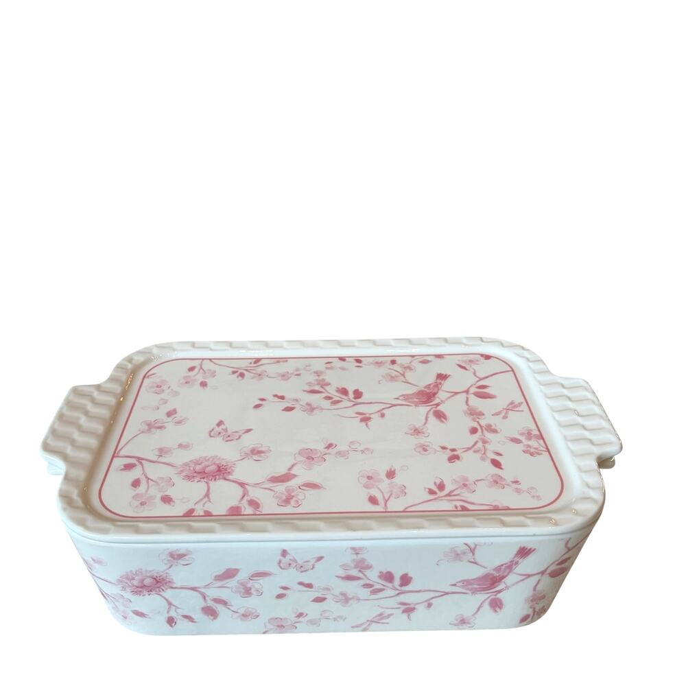 Grace Teaware Pink Floral Porcelain Casserole Baker w/ Lid Oven Safe White New